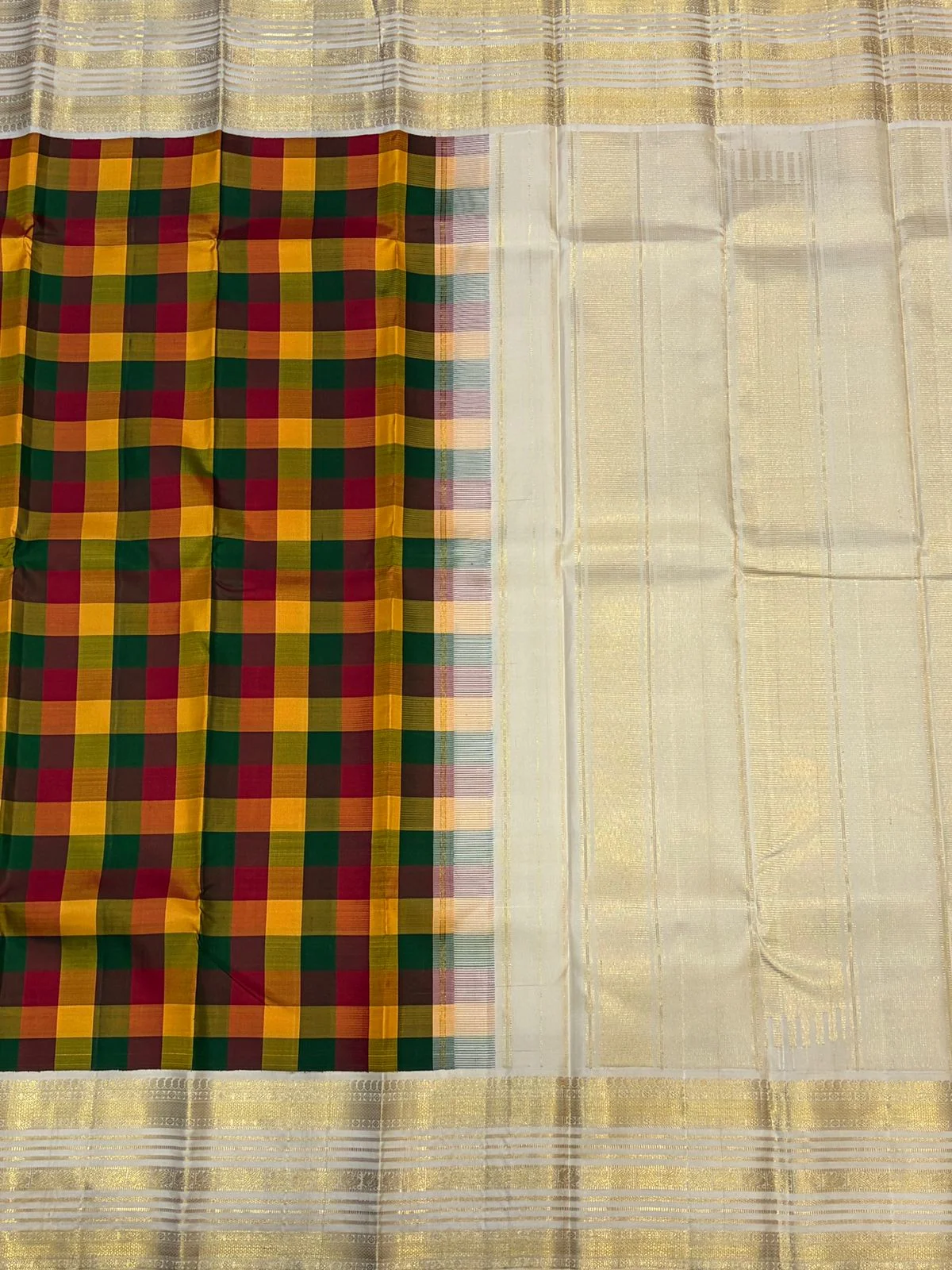 Rainbow Kattam with Cream Korvai Contrast Kanchipuram Silk Saree